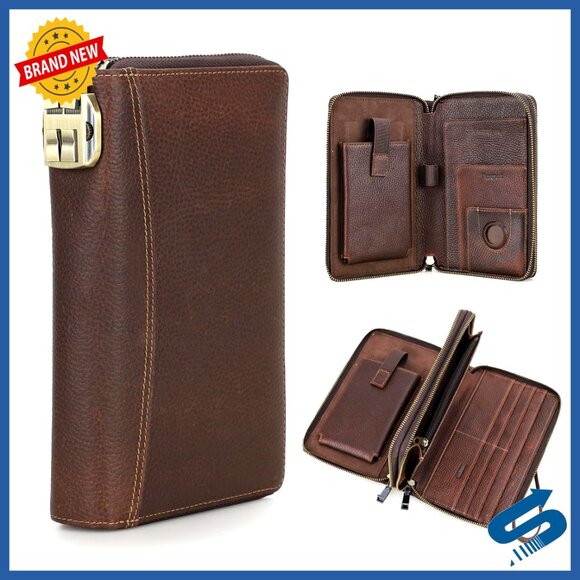 Full Grain Leather Travel Clutch with Code Lock AirTag Slot RFID Blocking